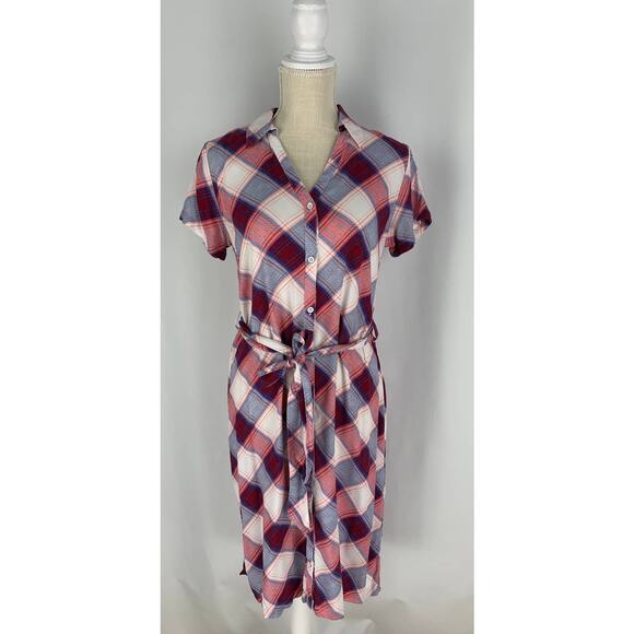 Rock & Republic Plaid T Shirt Midi Dress Womens Small Red Blue Short Sleeve - Picture 1 of 9
